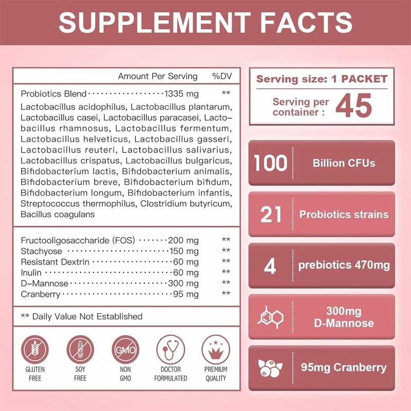 OEM Women Probiotic With D-Mannose And Cranberry For Urinary Tract Gut Digestive Health Prebiotics And Probiotics Powder
