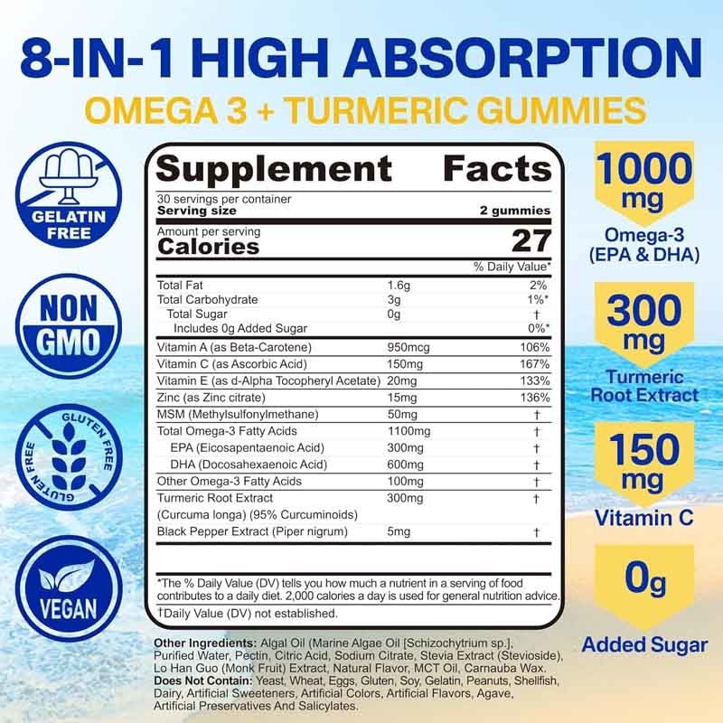 OEM Support DHA Vitamin A C E Zinc Turmeric for Adults Omega-3 Liquid Gummies