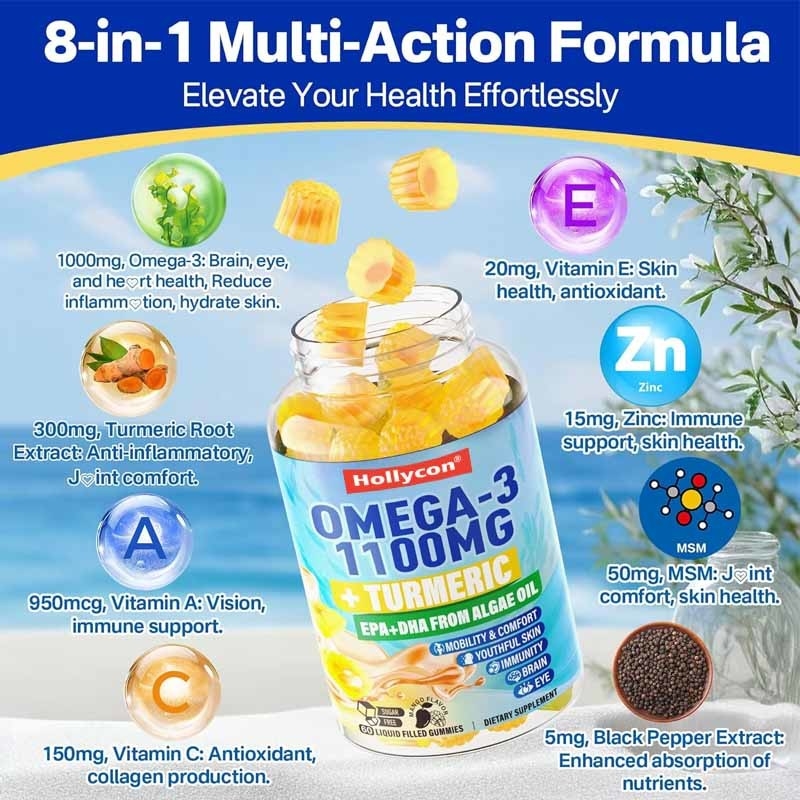 OEM Support DHA Vitamin A C E Zinc Turmeric for Adults Omega-3 Liquid Gummies