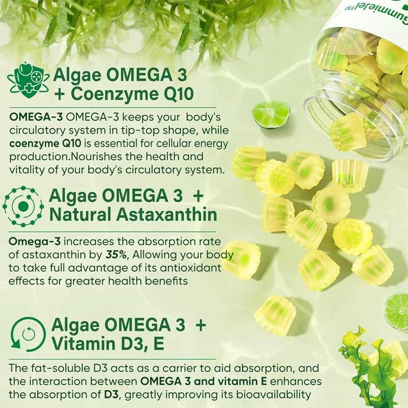 OEM Support DHA Vitamin E A D3 for Brain Eye Joint Algae Omega-3 2200mg Gummies