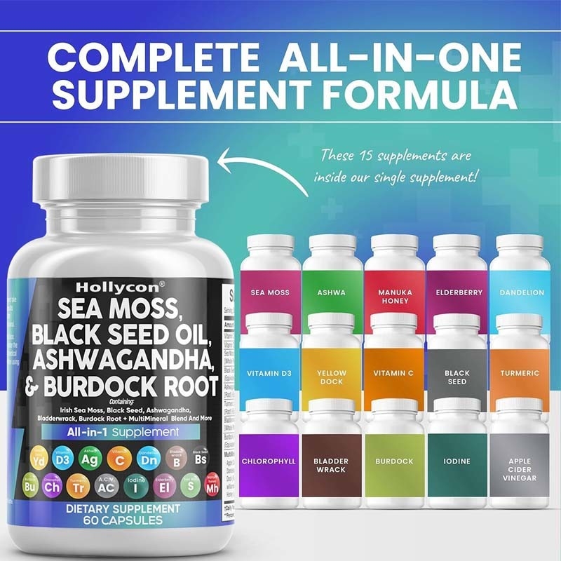 OEM Ashwagandha Turmeric Vitamin C D3 For Adult Sea Moss Black Seed Oil Capsules