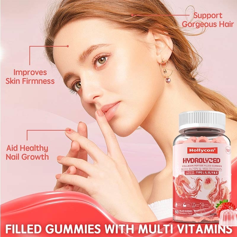 Sugar-Free Hydrolyzed Collagen Peptide Filled Gummies Protein Type I,II,III,V,X with Biotin Vitamin