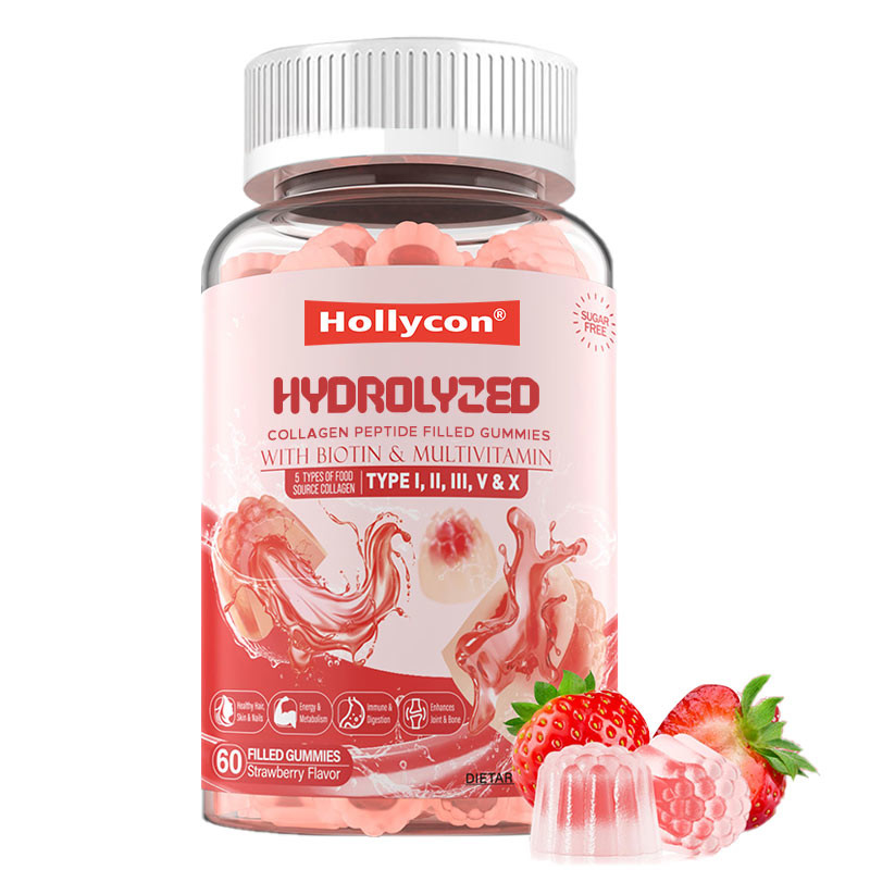 Sugar-Free Hydrolyzed Collagen Peptide Filled Gummies Protein Type I,II,III,V,X with Biotin Vitamin