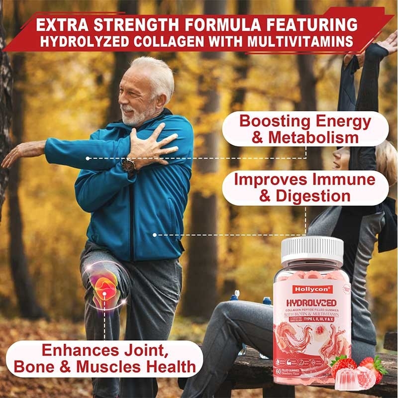 Sugar-Free Hydrolyzed Collagen Peptide Filled Gummies Protein Type I,II,III,V,X with Biotin Vitamin