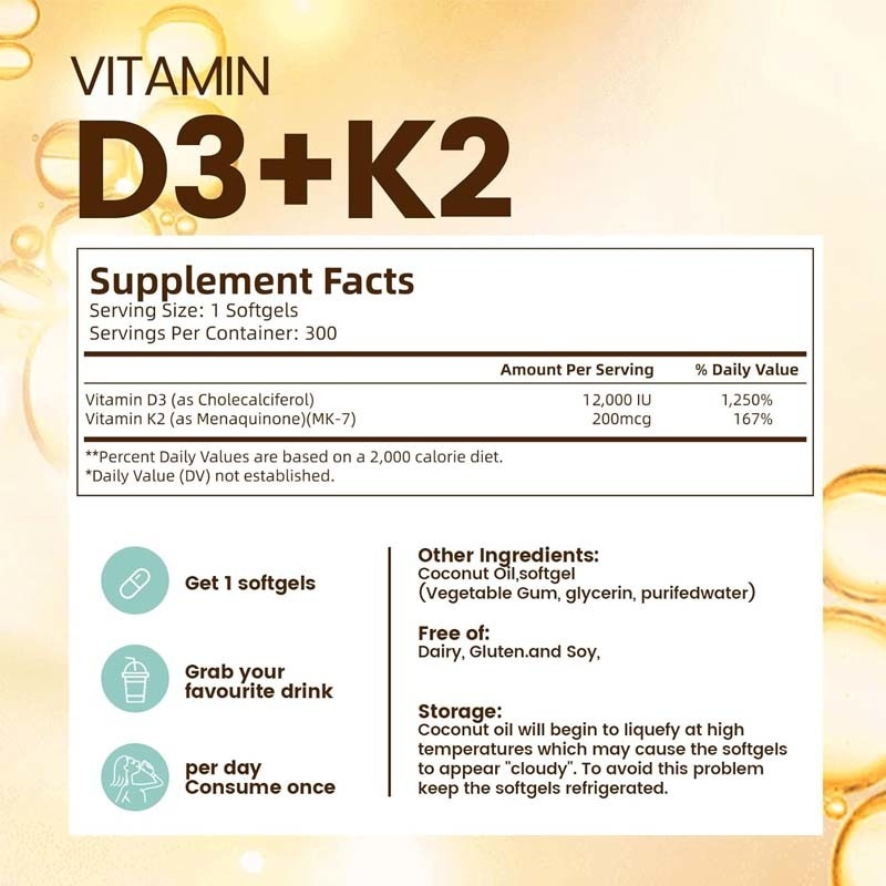 OEM Calcium Absorption Bone Immune And Heart Health Vitamin D3 K2 Coconut Oil Softgels
