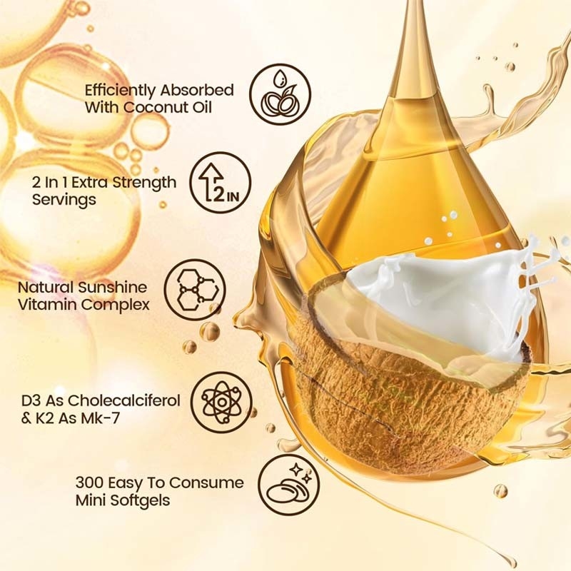 OEM Calcium Absorption Bone Immune And Heart Health Vitamin D3 K2 Coconut Oil Softgels