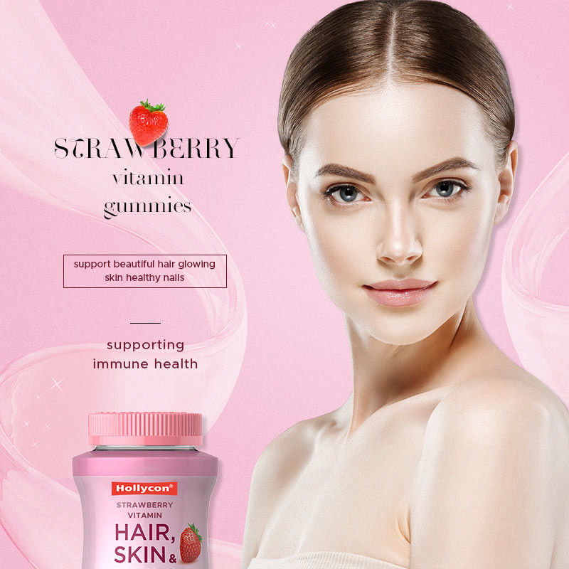 Hair Skin & Nails Vitamin Gummies with Biotin Supporting Immune Health Strawberry Flavor
