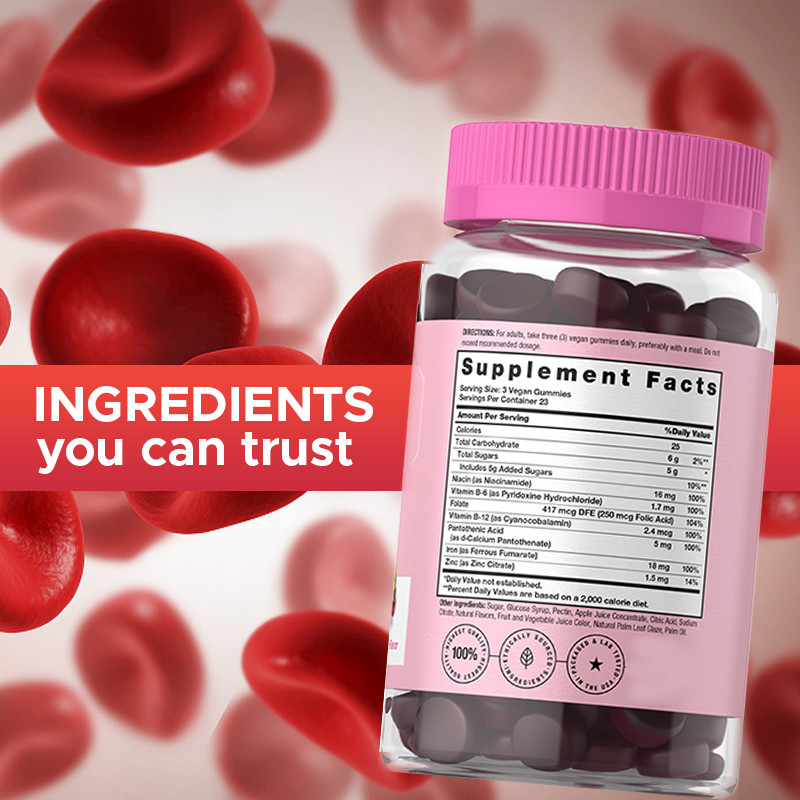 Iron Gummies For Women 250mcg Folic Acid 18mg Iron For Red Blood Cell Production