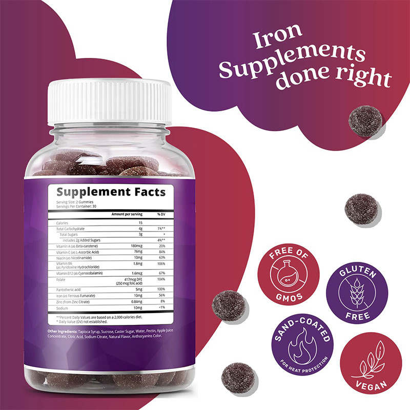 OEM Iron Gummies For Women 250mcg Folic Acid Iron Gummies For Iron Support