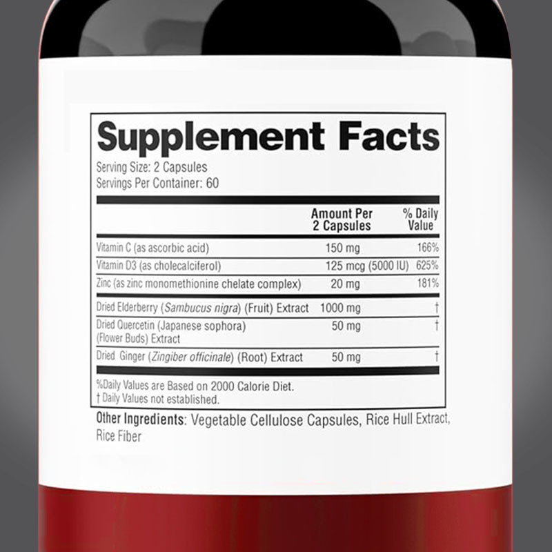 OEM Elderberry Vitamin C and Zinc 120 Capsules Immune Support Herbal Supplement Natural Immunity Booster Elderberry Capsule