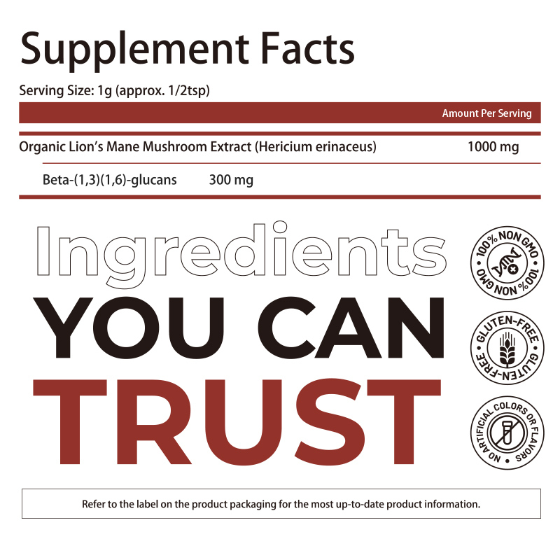 Organic Lion's Mane Supplement Powder with 100% Fruiting Body Extract and 30% Beta-Glucans for Cognitive Support - 150gram Per Bag