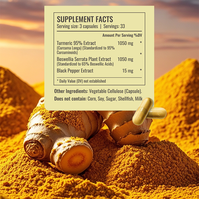 Private Label Turmeric Capsules with 100 Capsules per Bottle for Digestive Support and Daily 3 Capsule Dose