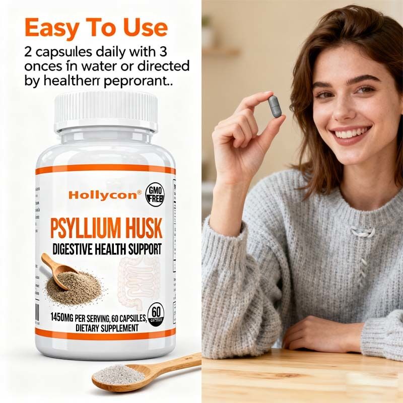 Psyllium Husk Capsules – 60 Count – Gut & Colon Support Supplement – Promotes Digestive Health & Regularity – Non-GMO, High Fiber Formula Private Label, OEM Available, Factory Price