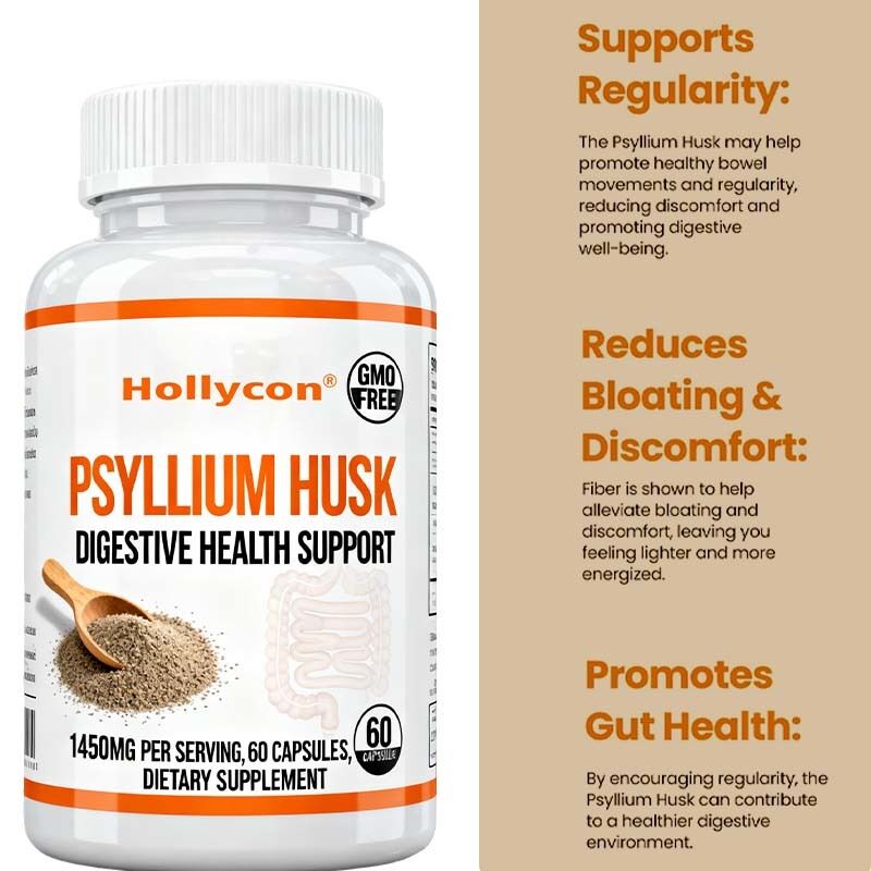 Psyllium Husk Capsules – 60 Count – Gut & Colon Support Supplement – Promotes Digestive Health & Regularity – Non-GMO, High Fiber Formula Private Label, OEM Available, Factory Price