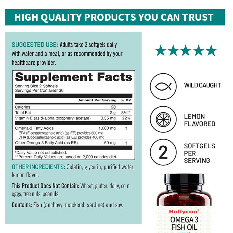 OEM Omega 3 Supplement 1000mg Per Serving 600 EPA & 400 DHA and Vitamin E Support for Heart & Brain Health Omega 3 Fish Oil