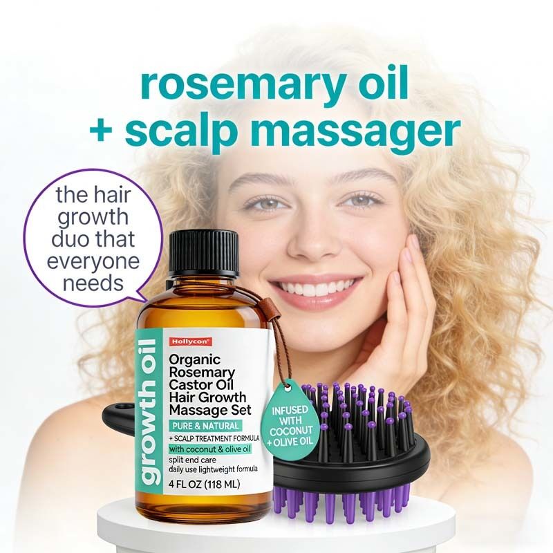 Organic Rosemary & Castor Oil Hair Growth Massage Set for Scalp Care Nourishing Treatment & Thicker Fuller Hair