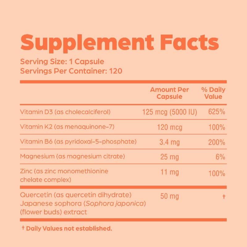 Private Label Vitamin D3 K2 Capsules with Vitamin B6, Zinc & Quercetin Supports Energy, Immune, Muscle Health for Men & Women